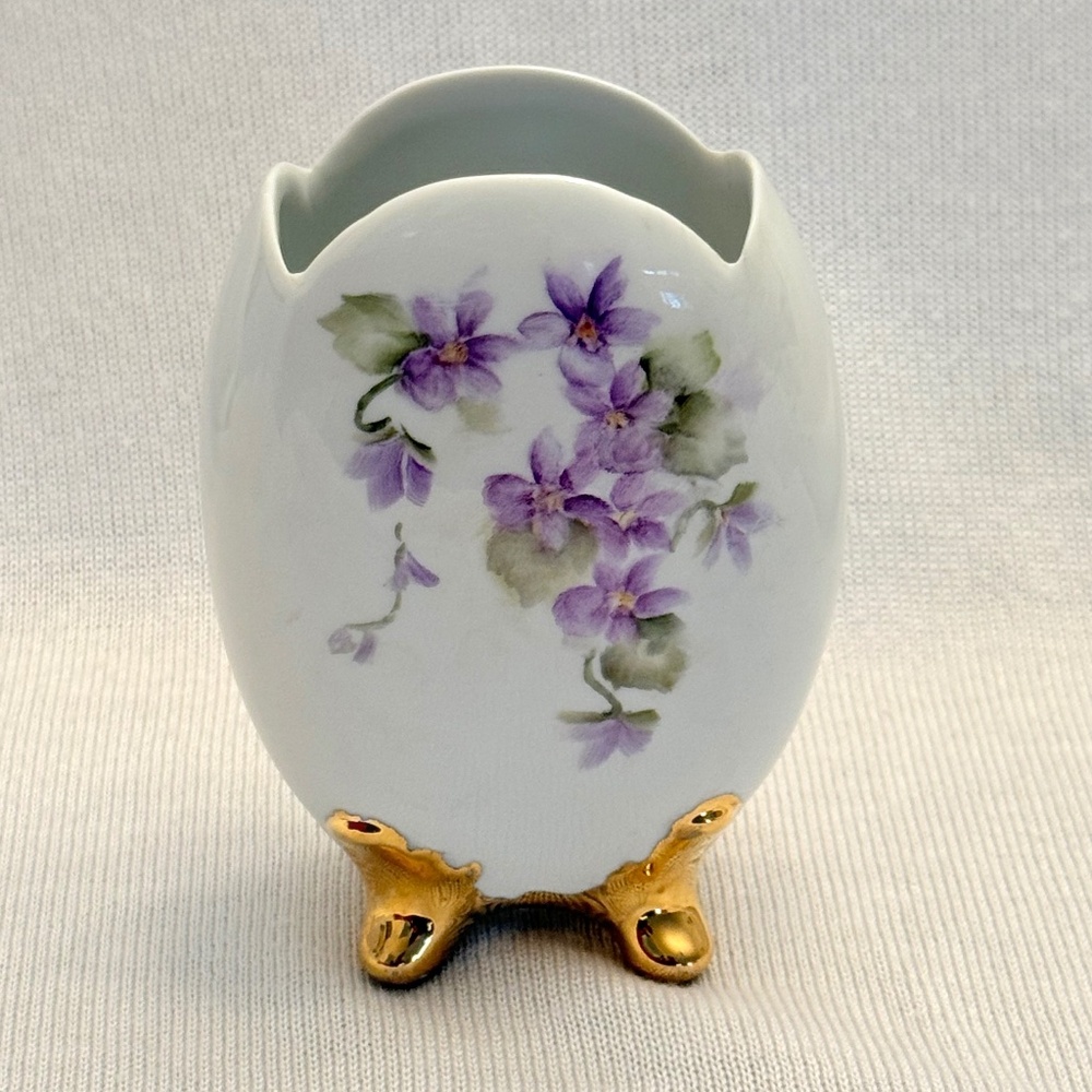 Vintage Hand Painted Footed Egg Vase with Purple Flower Swag & Gilt 4 3/4" x 3 1